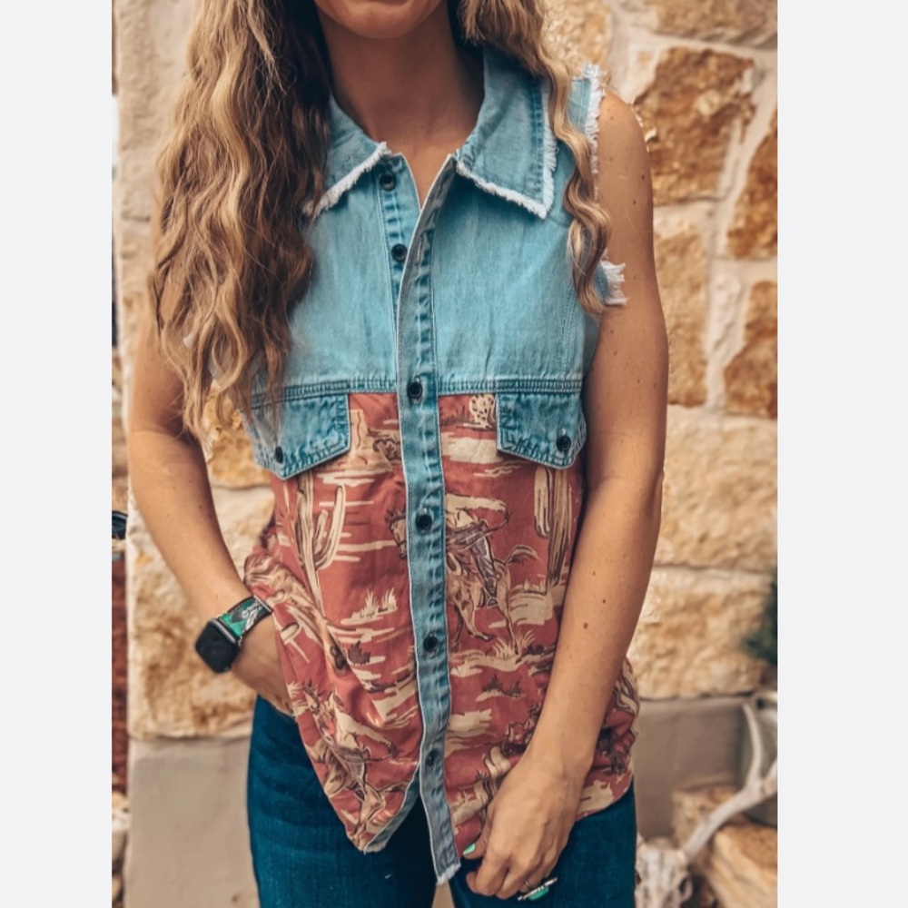 NWT Retro Cowboy Cut off button down denim suede tank